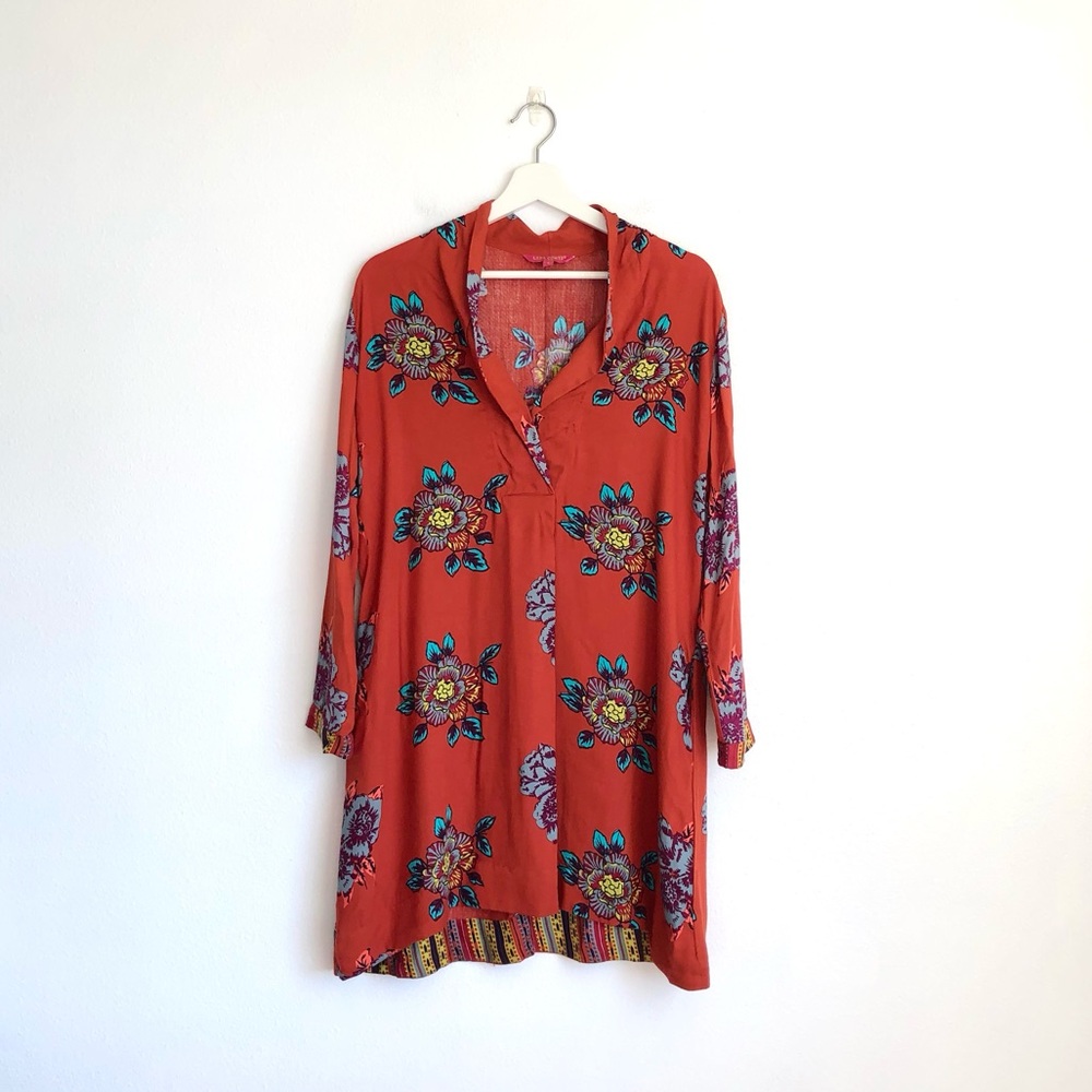 Lisa Corti Milano Orange Colorful Floral Long Sleeve Dress Size Small Boho Artsy